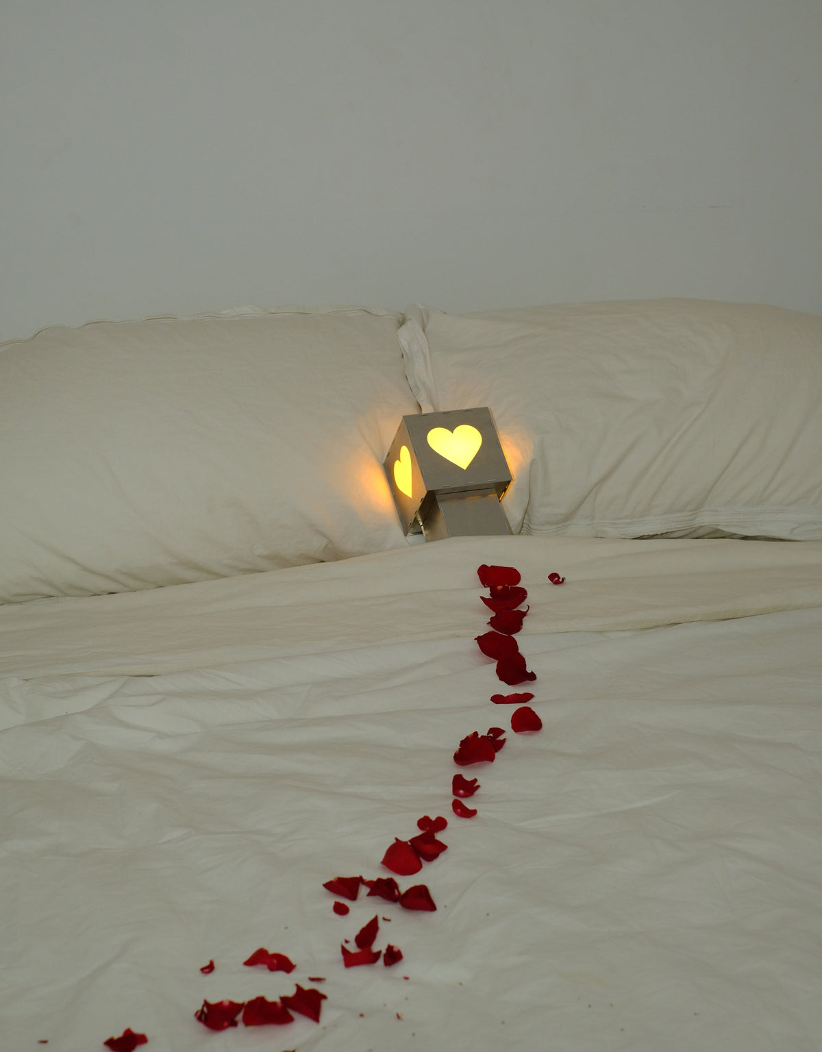 Heart lamp at the end of a trail of rose petals